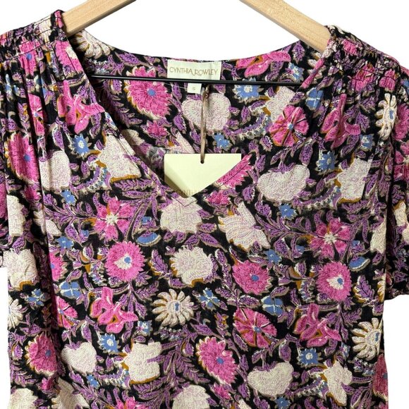 Cynthia Rowley Women's Small Floral Print Blouse‎ Stretch Short Sleeve Top - Picture 6 of 10